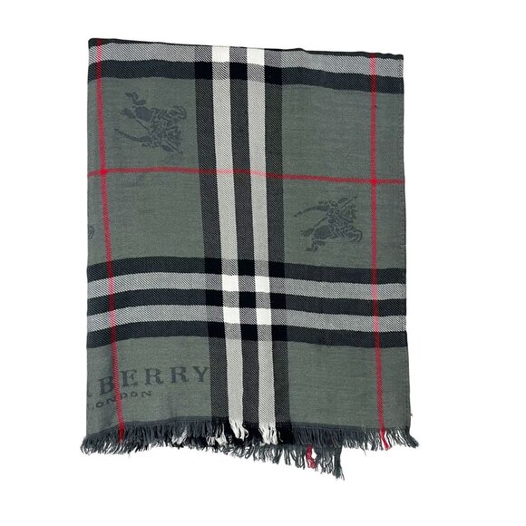 Burberry Gray Nova Check Plaid Logo Rectangle Scarf Fringe Trim Luxury Preppy - Picture 1 of 3